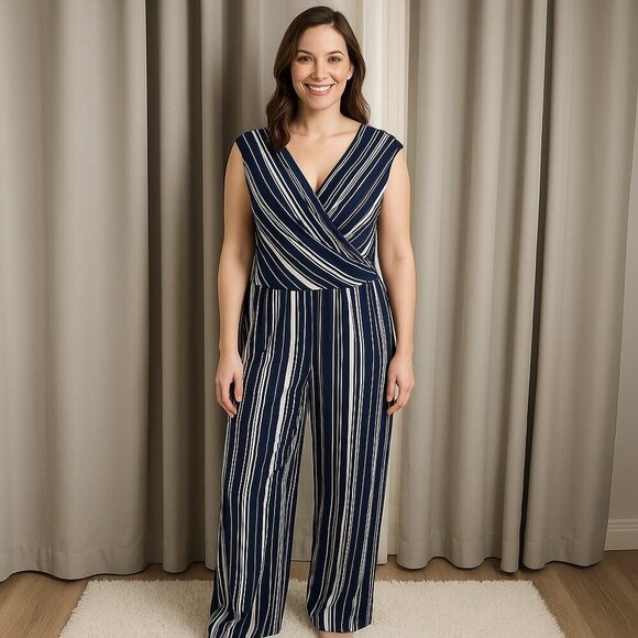 Emma & Michele Blue White Stripe Jersey V Neck Wide Leg Jumpsuit Size Large - Picture 1 of 14